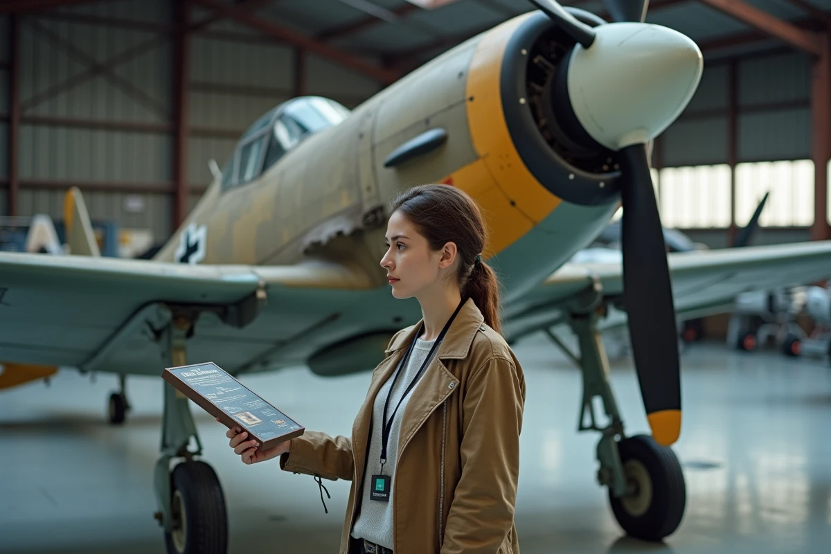 Jeune femme examine un avion Bf 109 G dans un musée