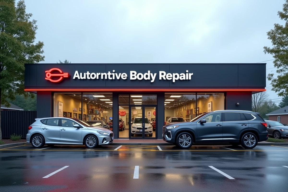Façade extérieure d'un centre de réparation carrosserie franchisé avec véhicules clients garés devant