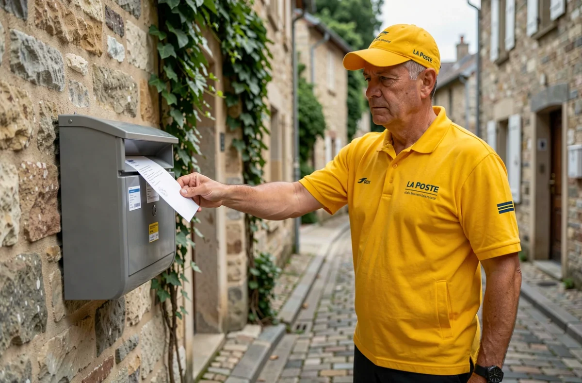 Facteur en uniforme La Poste déposant une lettre suivie dans une boîte aux lettres d'une maison française