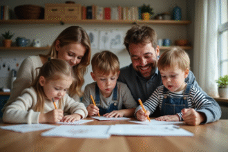 Famille française autour d'une table en cuisine chaleureuse
