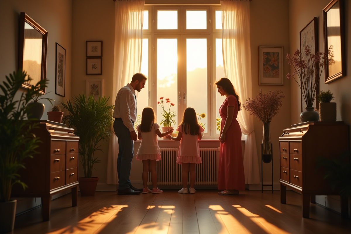 Famille autour d’un radiateur dans une salle à manger chaleureuse