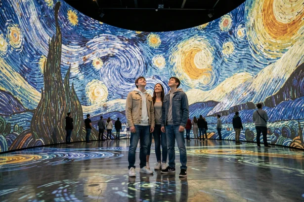 Famille découvrant l'exposition immersive Van Gogh avec des projections de La Nuit Étoilée sur les murs et le sol