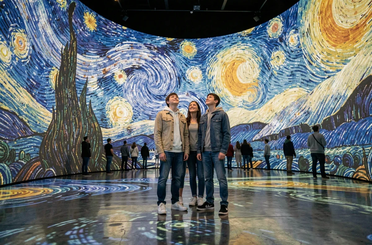 Famille découvrant l'exposition immersive Van Gogh avec des projections de La Nuit Étoilée sur les murs et le sol