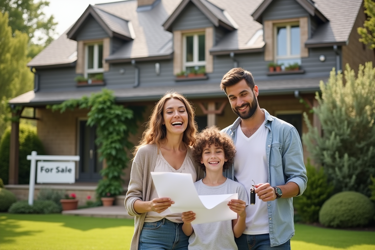 Famille heureuse devant une maison en vente en France