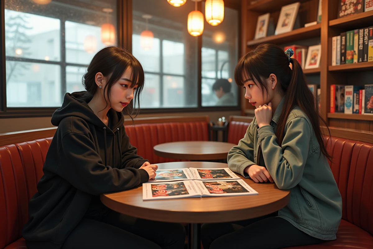 Fans de Bleach discutant du personnage Tia Halibel autour de mangas dans un café japonais
