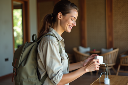 Jeune femme souriante branchant un adaptateur de voyage dans une chambre balinaise