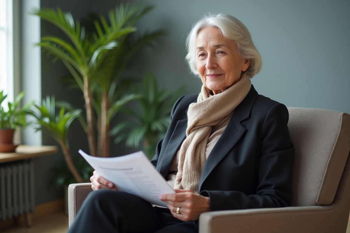 Femme senior lisant une brochure dans un centre d