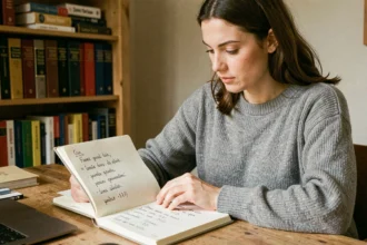 Femme analysant des mots et scores dans un carnet pour résoudre le jeu Cemantix