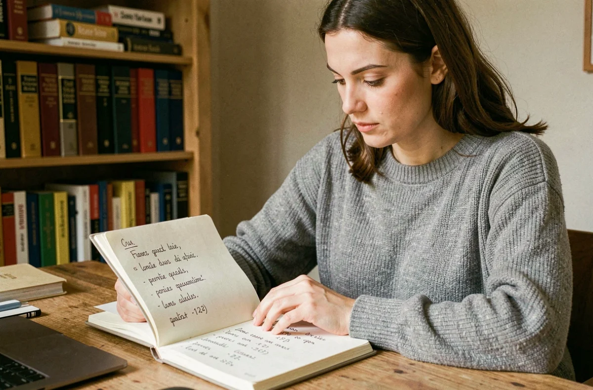 Femme analysant des mots et scores dans un carnet pour résoudre le jeu Cemantix
