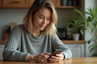 Femme utilisant une application de mots fléchés sur smartphone à table dans une cuisine chaleureuse