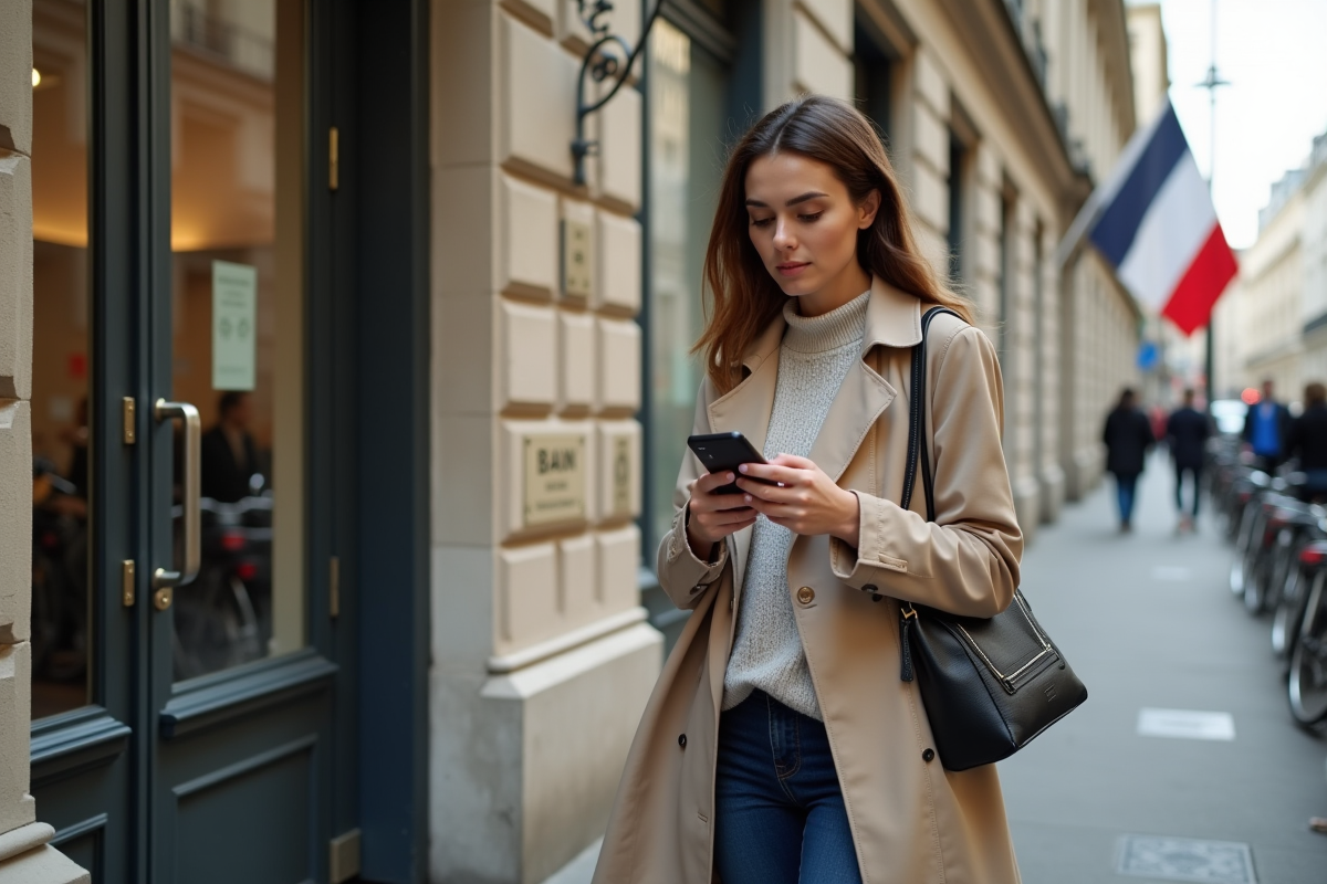 Jeune femme marchant devant une banque parisienne avec smartphone