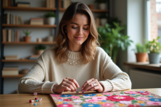 Femme en trentaines créant bijoux avec perles sur toile florale