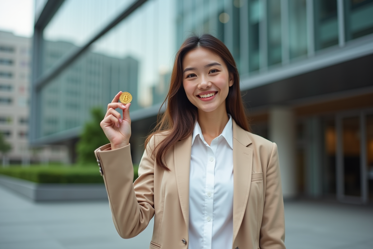 Femme souriante tenant un bitcoin en ville