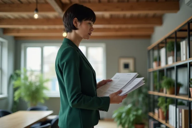 Femme en blazer vert dans un bureau moderne et lumineux