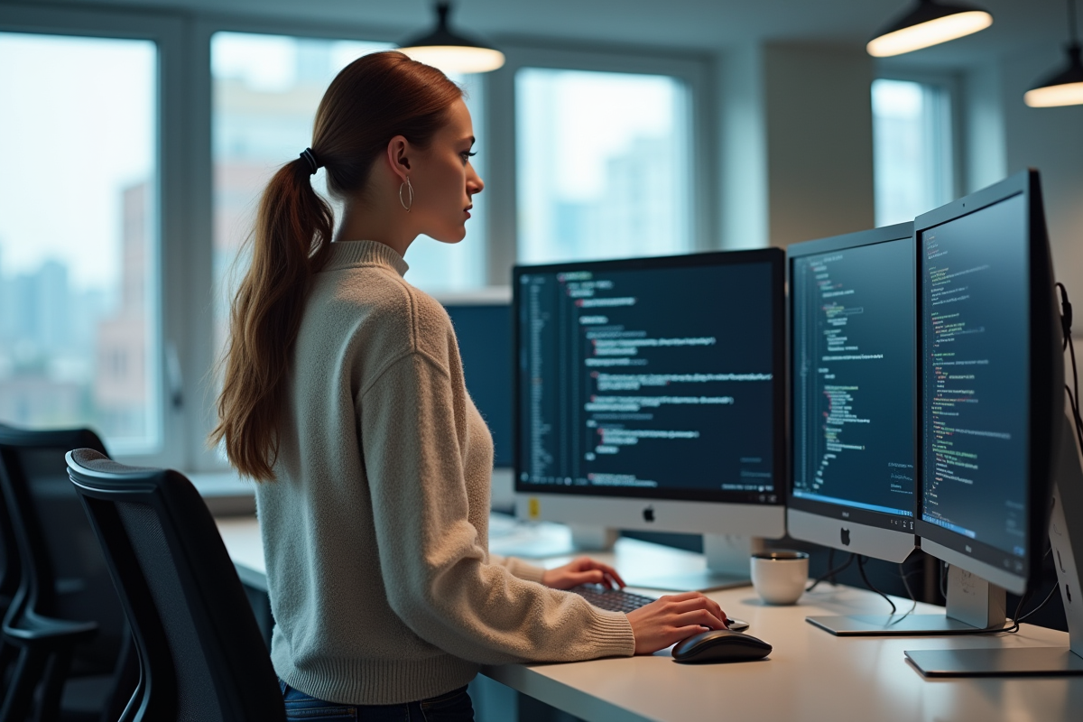 Femme utilisant un ordinateur avec plusieurs écrans dans un espace de travail lumineux