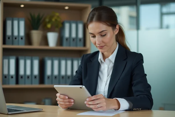 Femme en bureau vérifiant une checklist sur tablette