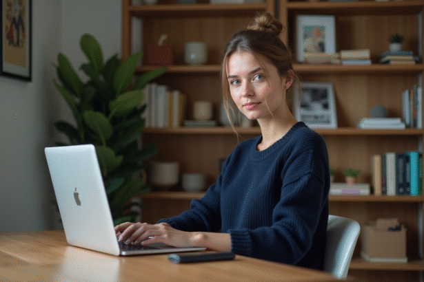 Femme concentrée sur son ordinateur dans un bureau cosy