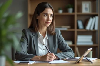 Femme d'affaires au bureau avec téléphone et bloc-notes