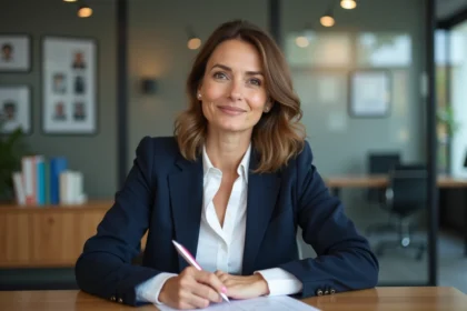 Femme en blazer dans un bureau moderne et lumineux