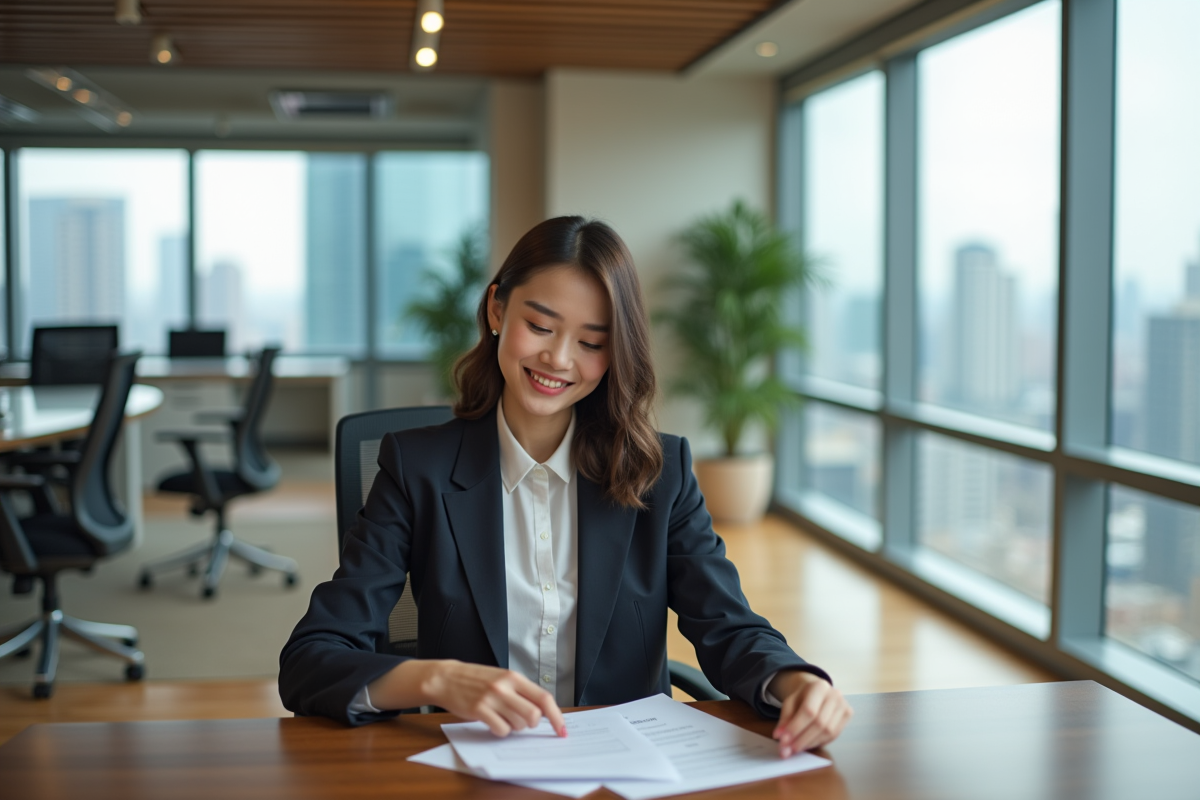 Jeune femme en blazer dans un bureau moderne