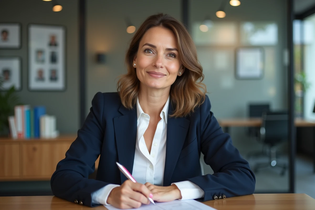 Femme en blazer dans un bureau moderne et lumineux