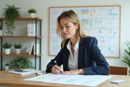 Femme professionnelle annotant un calendrier mural avec des marqueurs colorés pour planifier les semaines paires et impaires 2026