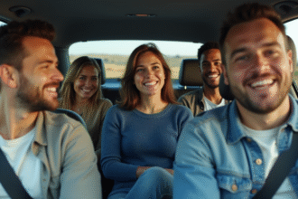 Jeune femme en voiture avec amis dans la campagne