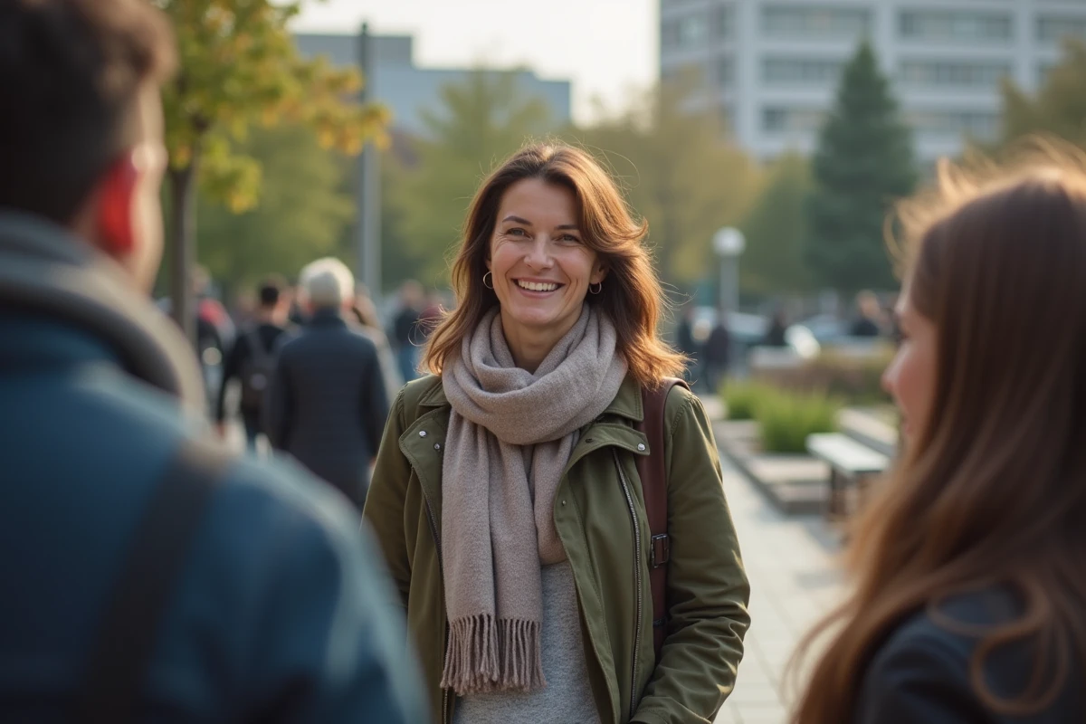 Femme souriante discutant en plein air dans un parc urbain