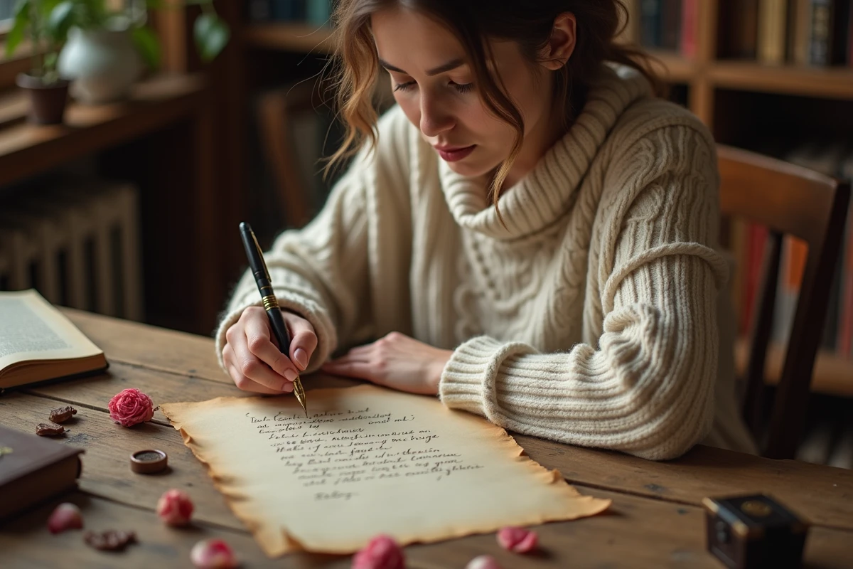 Femme écrivant un poème d'amour à la main sur du papier parchemin avec une plume vintage, entourée de pétales de rose séchés sur un bureau en bois rustique