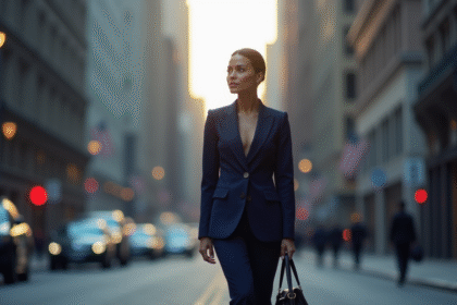 Femme confiante en tenue noire élégante dans la ville