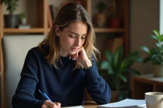 Femme concentrée étudiant des documents à son bureau pour comprendre un concept complexe