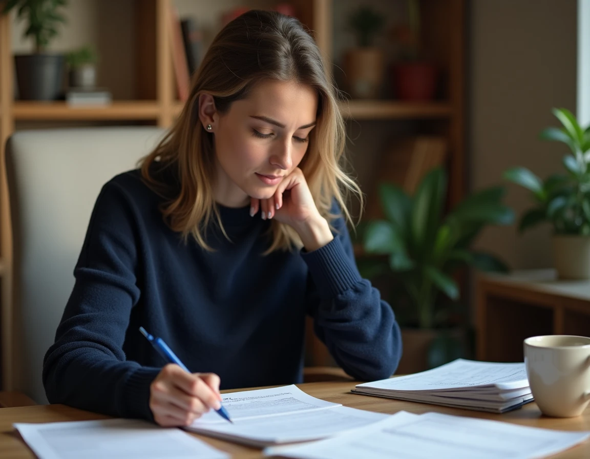 Femme concentrée étudiant des documents à son bureau pour comprendre un concept complexe