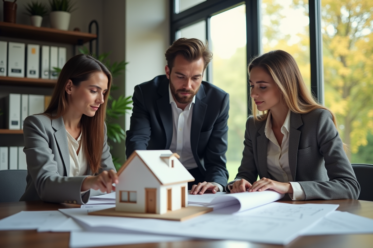 Femme professionnelle montrant un plan de maison à un couple dans un bureau