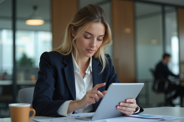 Jeune femme d'affaires analysant des graphiques financiers