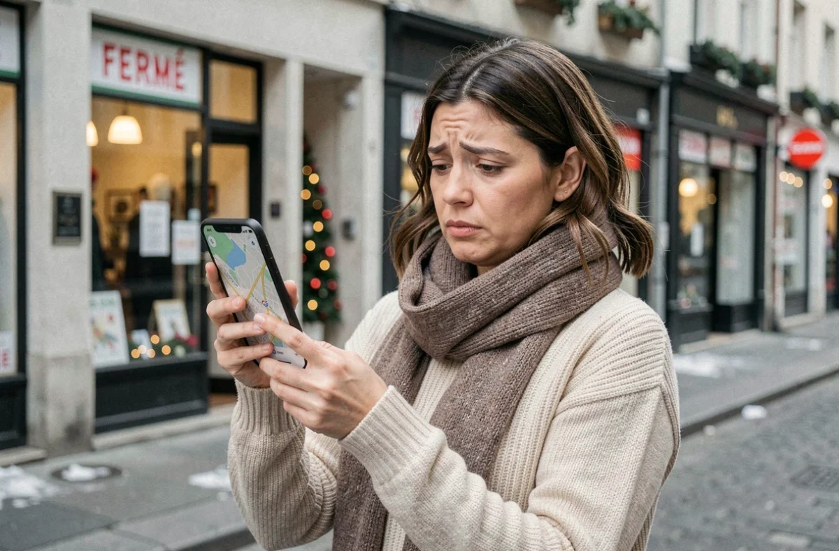 Femme consultant Google Maps sur smartphone devant des commerces fermés le 25 décembre en ville