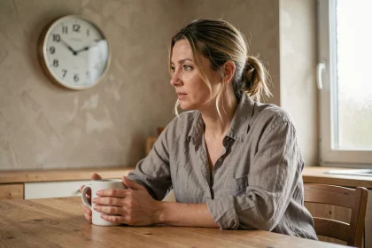 Femme contemplant une horloge affichant 08h08 dans une cuisine minimaliste, symbolisant l'heure miroir et la flamme jumelle