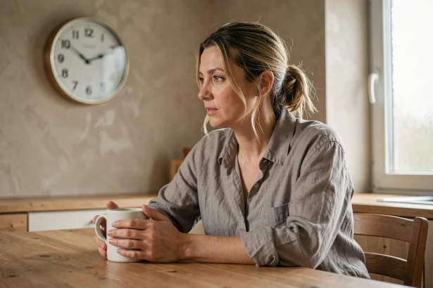 Femme contemplant une horloge affichant 08h08 dans une cuisine minimaliste, symbolisant l'heure miroir et la flamme jumelle