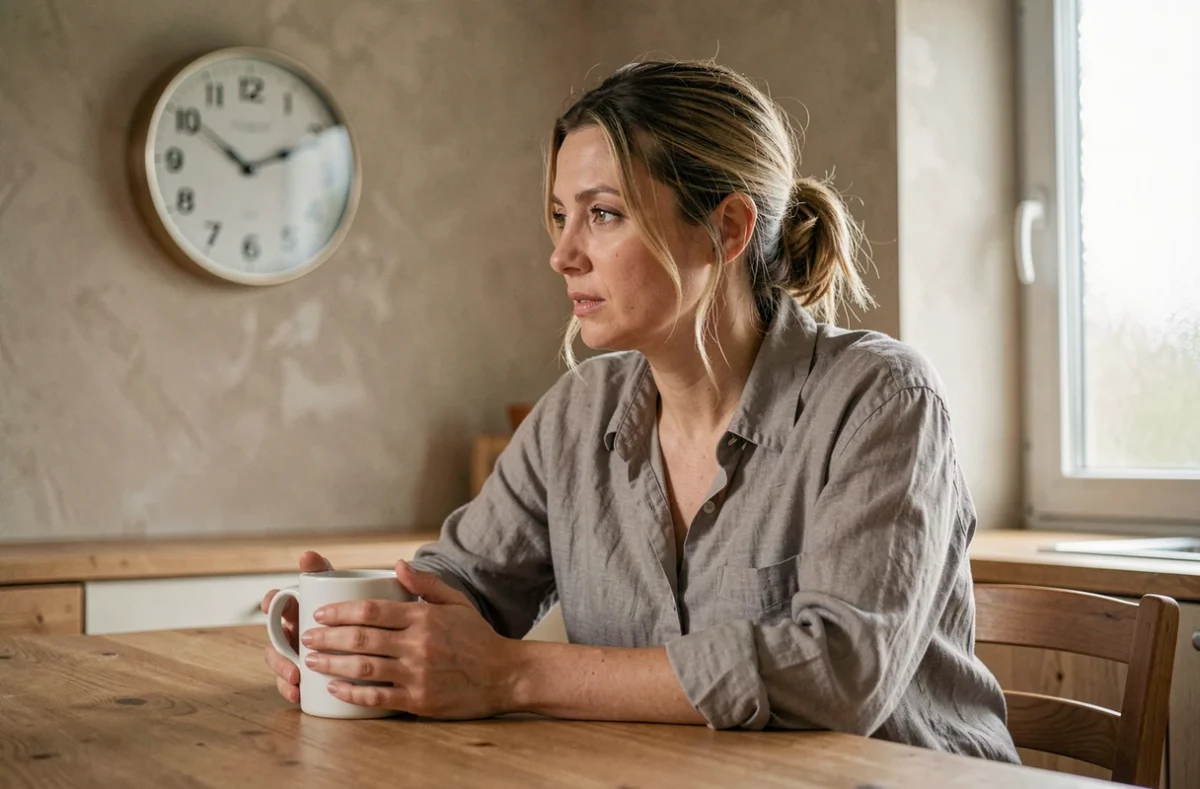 Femme contemplant une horloge affichant 08h08 dans une cuisine minimaliste, symbolisant l'heure miroir et la flamme jumelle