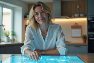 Femme d'âge moyen interagissant avec une interface holographique dans la cuisine