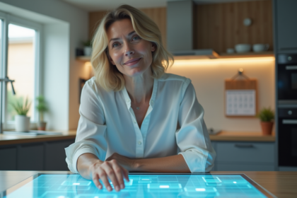 Femme d'âge moyen interagissant avec une interface holographique dans la cuisine