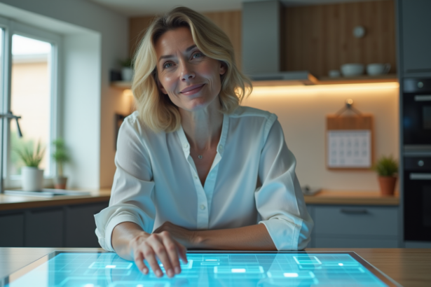 Femme d'âge moyen interagissant avec une interface holographique dans la cuisine