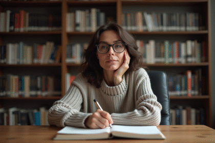 Femme réfléchissant dans un bureau contemporain avec étagères