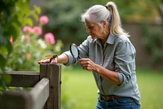Femme dans le jardin observant un frelon au microscope