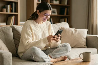 Jeune femme jouant à Cemantix sur smartphone confortablement installée dans son salon