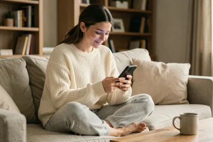 Jeune femme jouant à Cemantix sur smartphone confortablement installée dans son salon