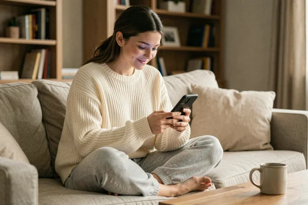 Jeune femme jouant à Cemantix sur smartphone confortablement installée dans son salon