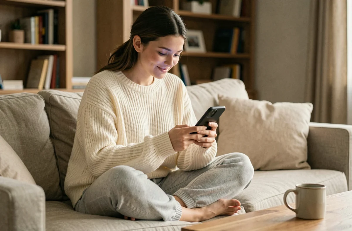 Jeune femme jouant à Cemantix sur smartphone confortablement installée dans son salon