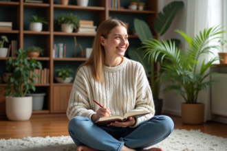 Femme assise en intérieur en train de journaler avec un sourire sincère