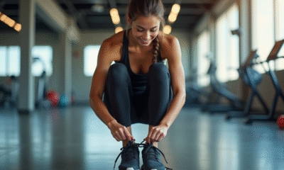 Femme souriante nouant ses chaussures de sport élégantes