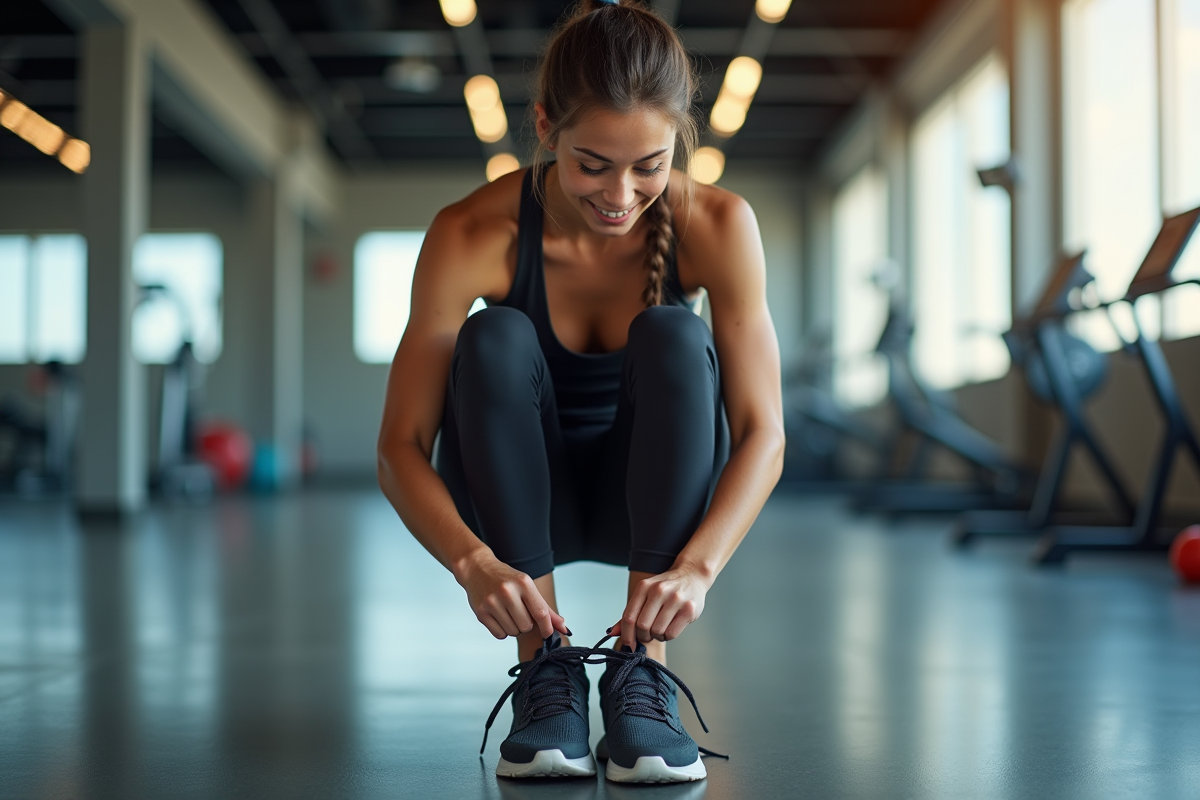 Femme souriante nouant ses chaussures de sport élégantes